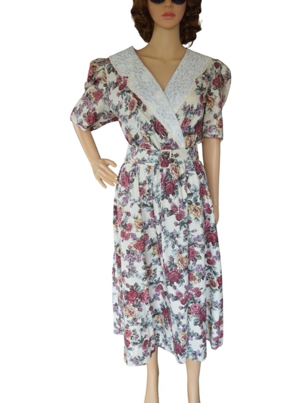 Vintage 80s Tina Berrie Floral Cottagecore Belted Lace Midi Dress Womens Size La